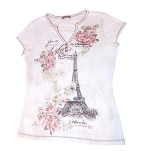 100%‎ Cotton Womens Baby Tee - Vintage Paris Eiffel Tower Floral Print T-Shirt